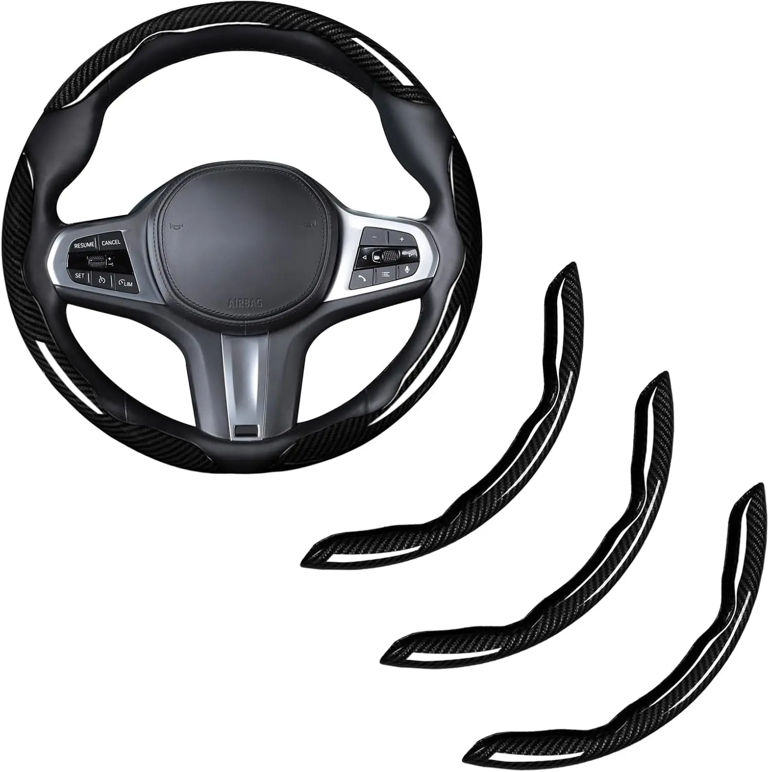 3PCS Carbon Fiber Anti-Skid Segmented Design Steering Wheel Cover, Universal Fit For 15Inch Car Wheel Cover Protector, Black