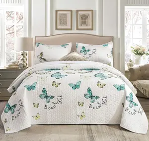 Butterfly Pattern Microfiber King Quilt Set, 3-Piece, Lightweight Summer Bedding