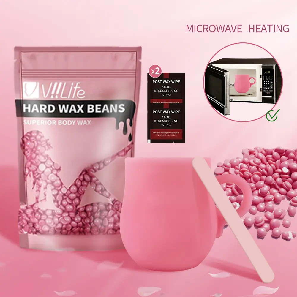 Hard Wax Beans Hard Wax Beads for Face & Body Hair Removal, Body Hair Remover, Microwave Waxing Kit, Including Melting Cup & Applicator, At-Home Body Care Kit, Cosmetic, Waxing Set