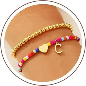 Easter Basket Stuffers Gifts for Kids Girls - 2PCS Colorful Boho Beaded Initial Bracelet Stackable Cute Gold Heart Initial Bracelets for Girls Kids Birthday Easter Gifts for Toddlers Teens