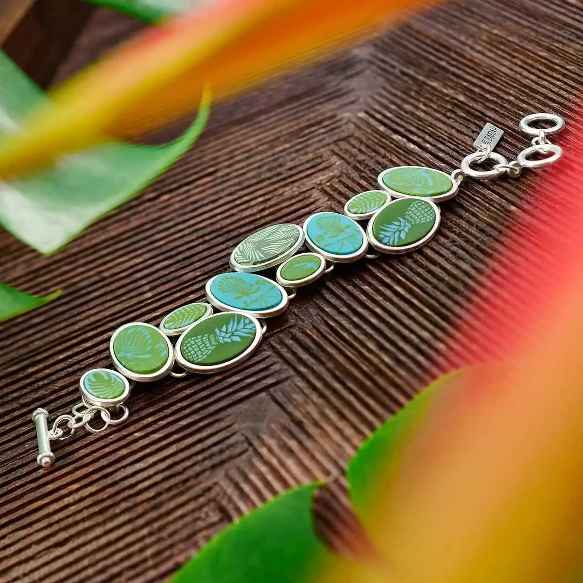 Cobblestone Bracelet for Women with an Artisan Look, Handcrafted Polymer Clay Inlays in Tropical Green - Adjustable 7"-8" Size with 3-Ring Toggle, Lead-Safe, Casual Wear