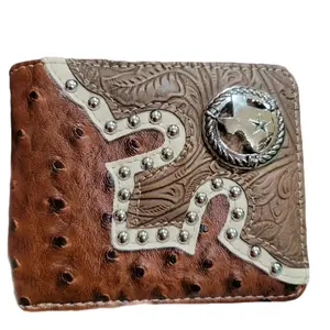 Texas Western wallet Ostrich pattern short bi-fold concho and studded faux leather with religious theme wallet.