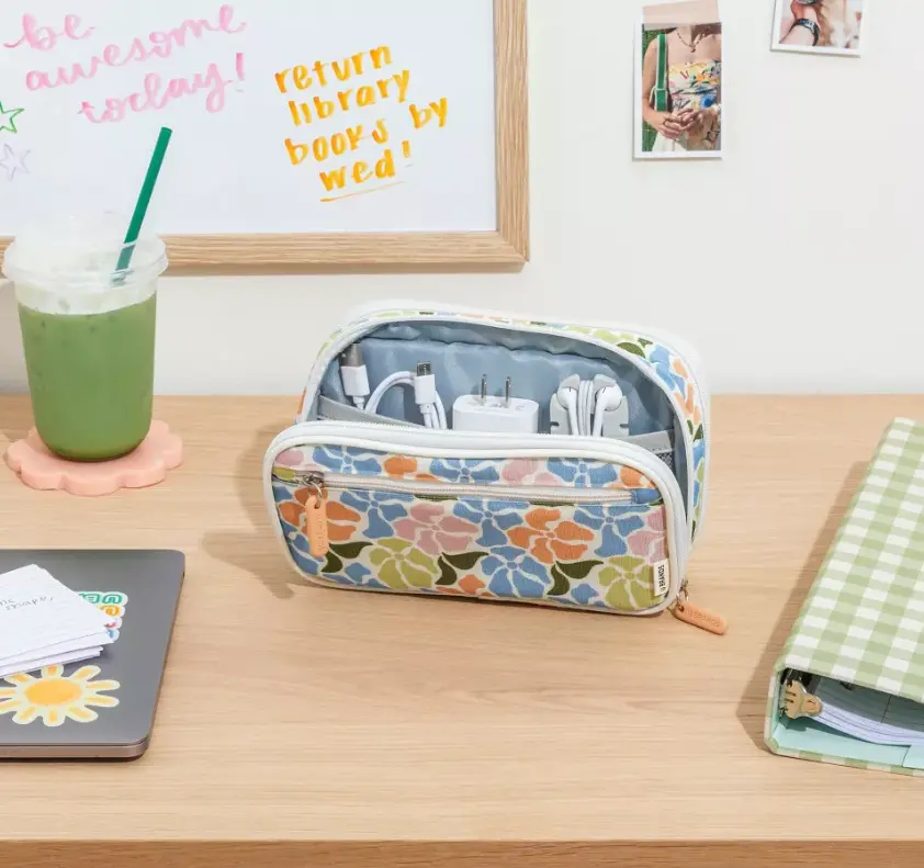 Ripstop Canvas Dual Zip Tech Organizer, Boho Floral Printed Electronic Travel Pouch for Gadget Storage