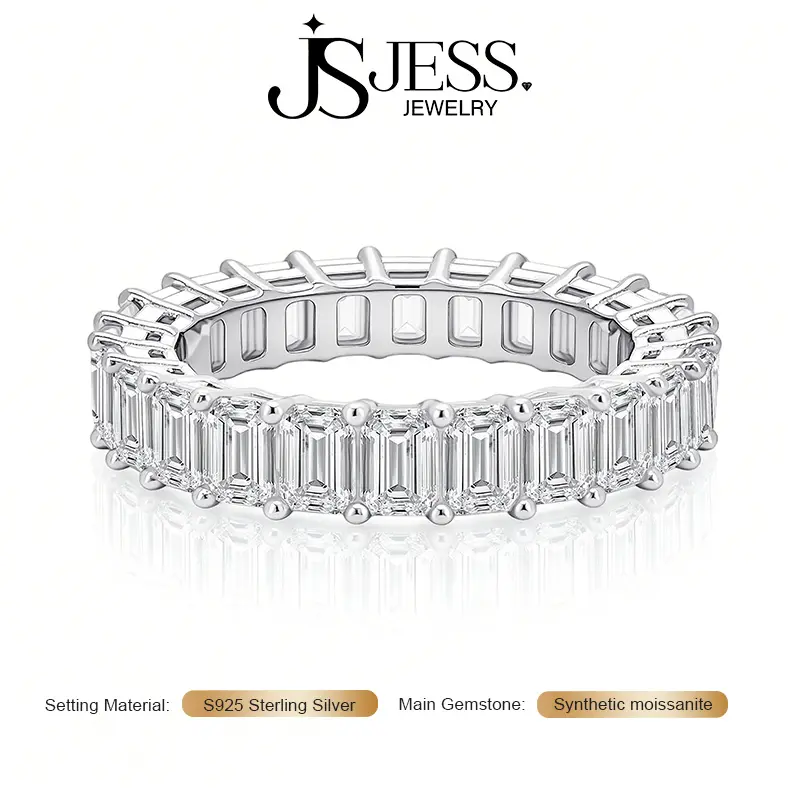 【Timeless】 3*4mm*22 DE Color VVS1 Emerald Cut Moissanite Eternity Ring Band, S925 Sterling Silver Wedding Band for Women