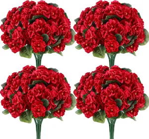 Der Rose 6-Pack Red Artificial Geraniums, UV-Resistant Decorative Fake Flowers with Plastic Greenery for House Decor, Outdoor Planters, Patio