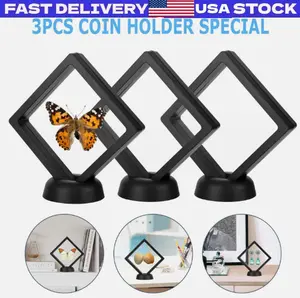 3 Pack Black 3D Floating Coin Display Frame Holder Box Case Black&Stand Φ2.2In