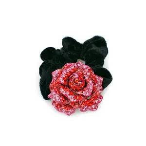 Rose flower pony tail holder with two tone color sparkling with crystals - Red