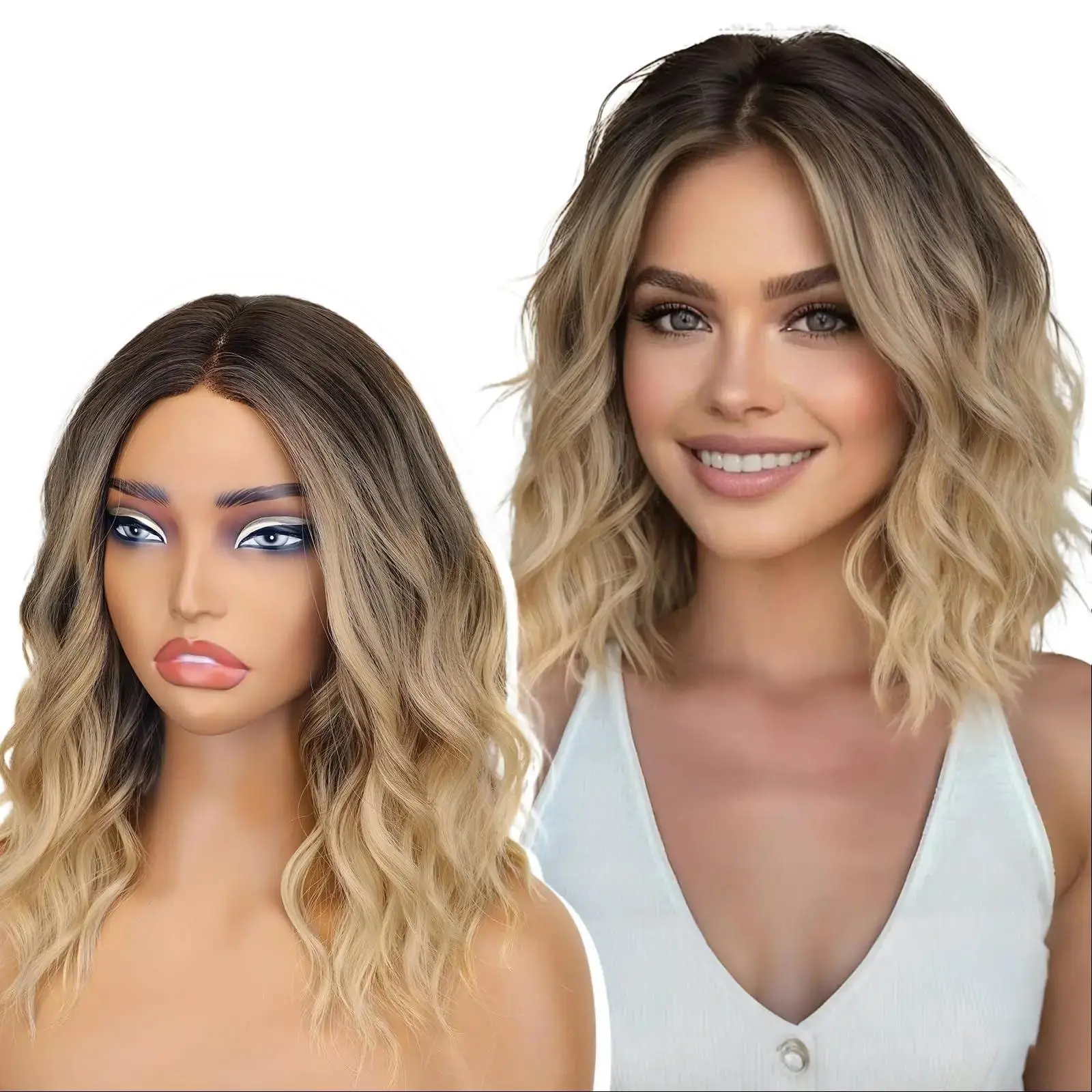 AISI HAIR 14 Inch Wave Wigs for Women Pre-Cut Lace Hairline Shoulder Length Middle Part Wavy Bob Synthetic Heat Resistant Fiber for Daily Use Stretchable Hair Net Hair Net For Short Hair Hair Net For Food Service Hair Net For Wigs Braids