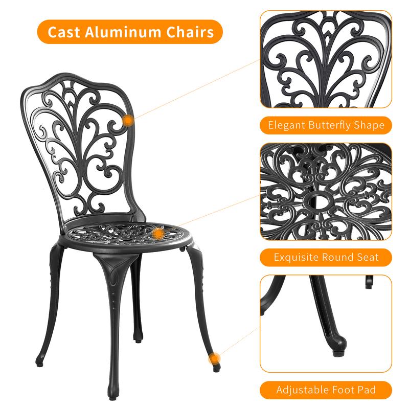 Withniture Cast Aluminum Patio Bistro Set 3 Piece Bistro Table and Chairs with Umbrella Hole for Garden Porch