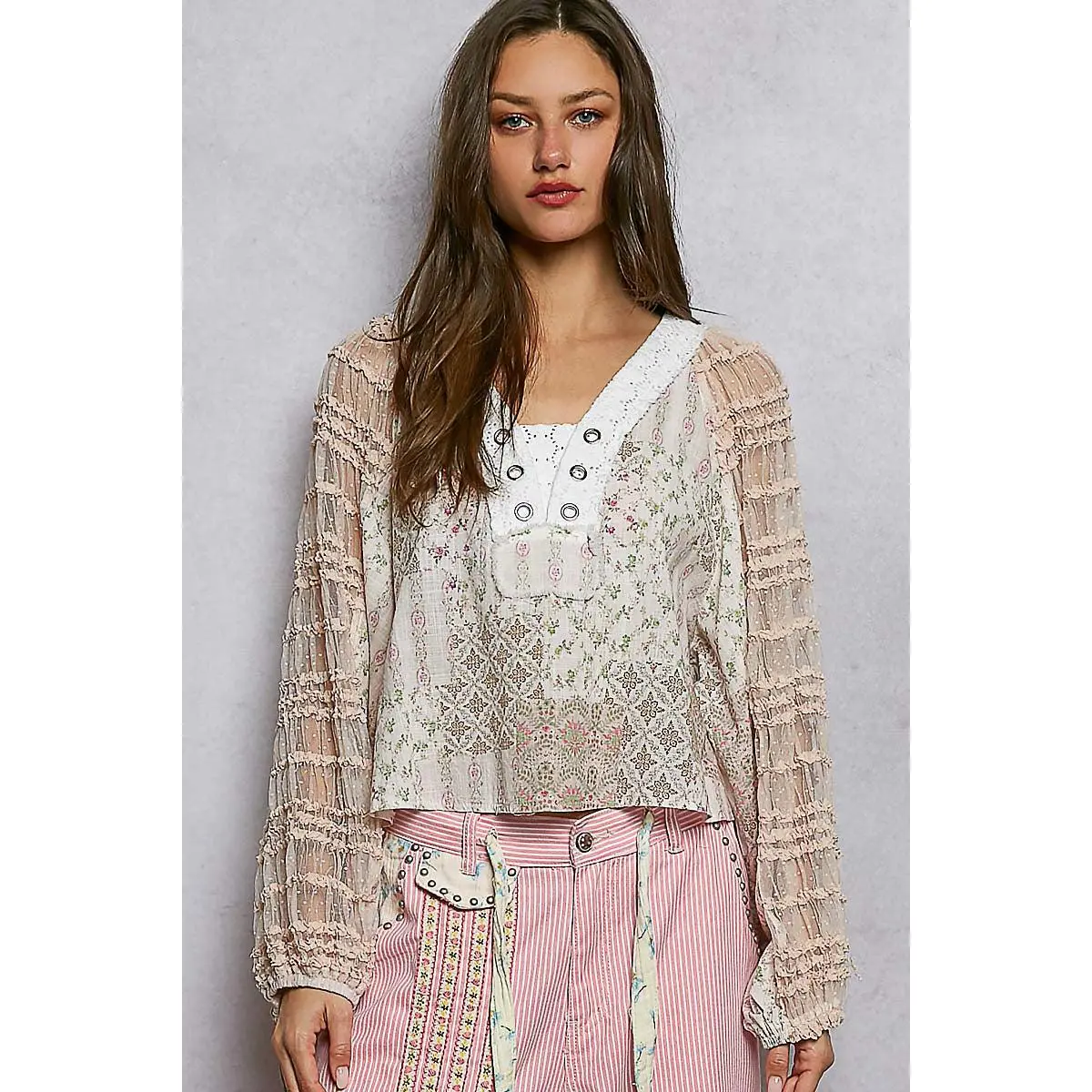Willow Floral Lace and Patch top in Soft Pink, Balloon, Eyelet, Sleeve