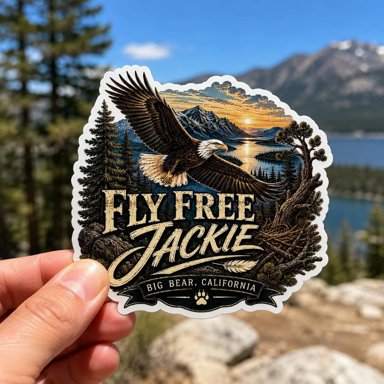 Fly Free Jackie Sticker, Big Bear Califonia Eagle Memorial Decal, Bald Eagle Tribute Sticker, Jackie the Eagle Gift