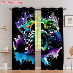 2D Flat 2Pcs Monster Truck Theme Cool Style Printed Curtain Panel, Neon Colorful Splatter Design, With Loop, Perforated, Semi Sunshade, Suitable For Home Living Room, Bedroom, Balcony, Kitchen, Study and Shower Window Decoration, A