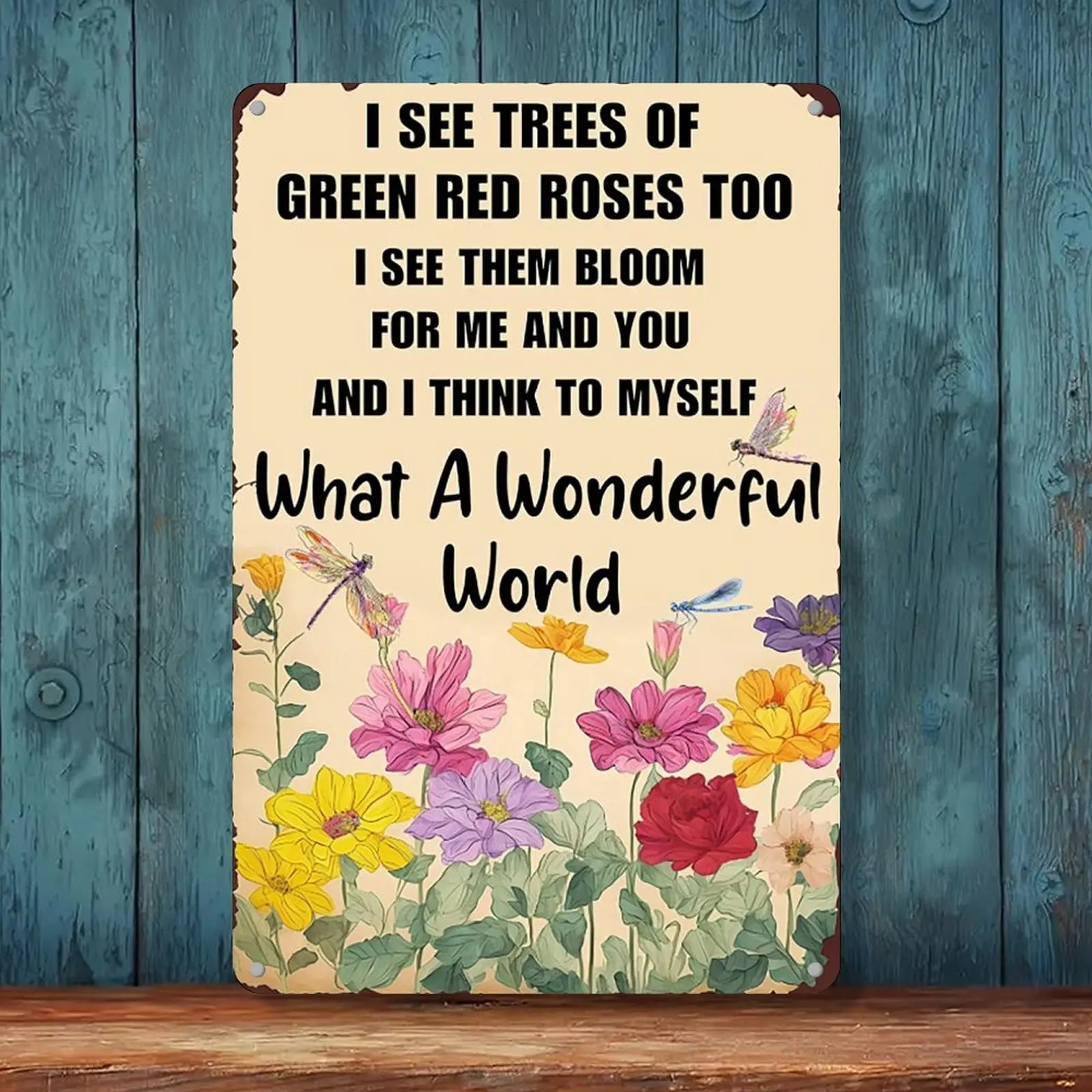 Vintage Aluminium Rectangular Hanging Plaque Sign, 12x8 in Decorative Elegant Garden Art, Universal Daily Home Flower Wall & Easter Decor with "What A Wonderful World" Quote