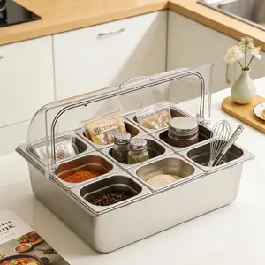 9 Compartment Stainless Steel Food Serving Container with Flip Lid & Ice Bags, for Fruit Vegetables Snacks Party Buffet Picnic Home Kitchen Dinner