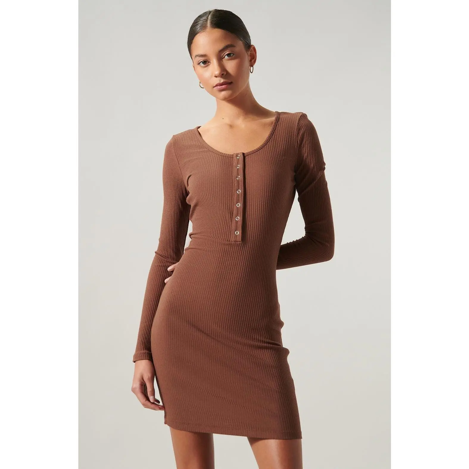 Avignon Ribbed Knit Long Sleeve Henley Mini Dress