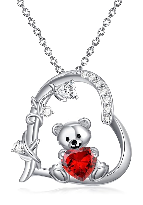 Teddy Bear Crystal Necklaces for Women 925 Sterling Silver Bear Birthstone Necklace Birthday Valentines Day Teddy Bear Jewelry Gifts for Mom Daughter Wife