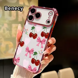 Cherry Bow Delight Pattern Phone Case for iPhone 17 Pro Max 16 15 Plus Air 14 13 12 11 E Electroplated Four-Corner Anti-Fall Protection Cellphone Cover