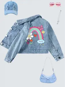 Cute Girl Fashion Print Short Denim Jacket, Rainbow Flower & Butterfly Design, Casual Vintage Style, Suitable for Girls Ages 12 and Below