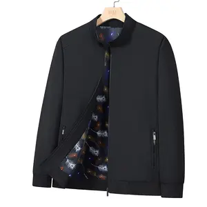 Men's Black Zip-Up Jacket with Colorful Feather Patterned Lining Stand Collar Casual Style Outerwear with Zippered Pockets