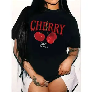 100% Cotton Exquisite Cherry Print Casual Round Neck Women's Short Sleeve Spring Summer Top Knitting Medium country concert outfits shirts women vintage graphic tees casual outfits women
