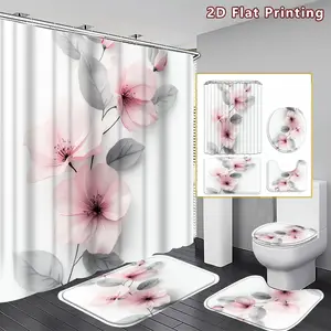 4PCS Pink Floral Shower Curtain set, Delicate Pink Flower and Gray Leaf Bathroom Decor, Accessories with Bath Mat, U-shaped Mat, Toilet Lid Cover, 12 Hooks 180x180cm Curtain, Flower Aficionado, Home Decor, bathroom accessories