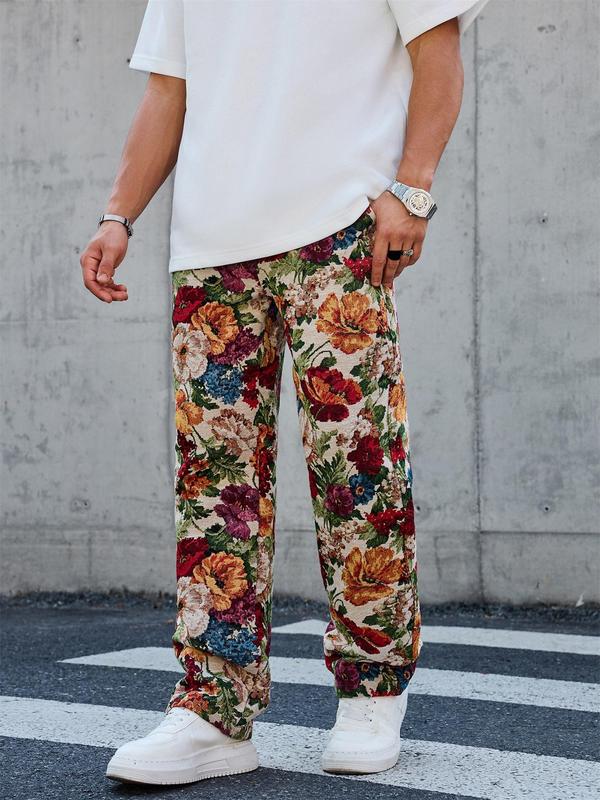 Men's Floral Print Straight Leg Pants, Regular Fit Casual Comfy Trousers for Outdoor Street Wear, Men's Bottoms for All Seasons, Casual Streetwear Pants