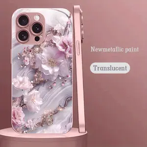 Pink Dream Sakura Pattern Pink Metallic Paint Tempered Glass Hard  Case Suitable for Iphone 17 Pro Max/16/15/14/13/21/11 High-End, Simple, Creative, Personalized, Popular, Couple-Style, Anti-Fall, Cute, Hot-Selling, Sturdy, Beautiful, Girl Gift