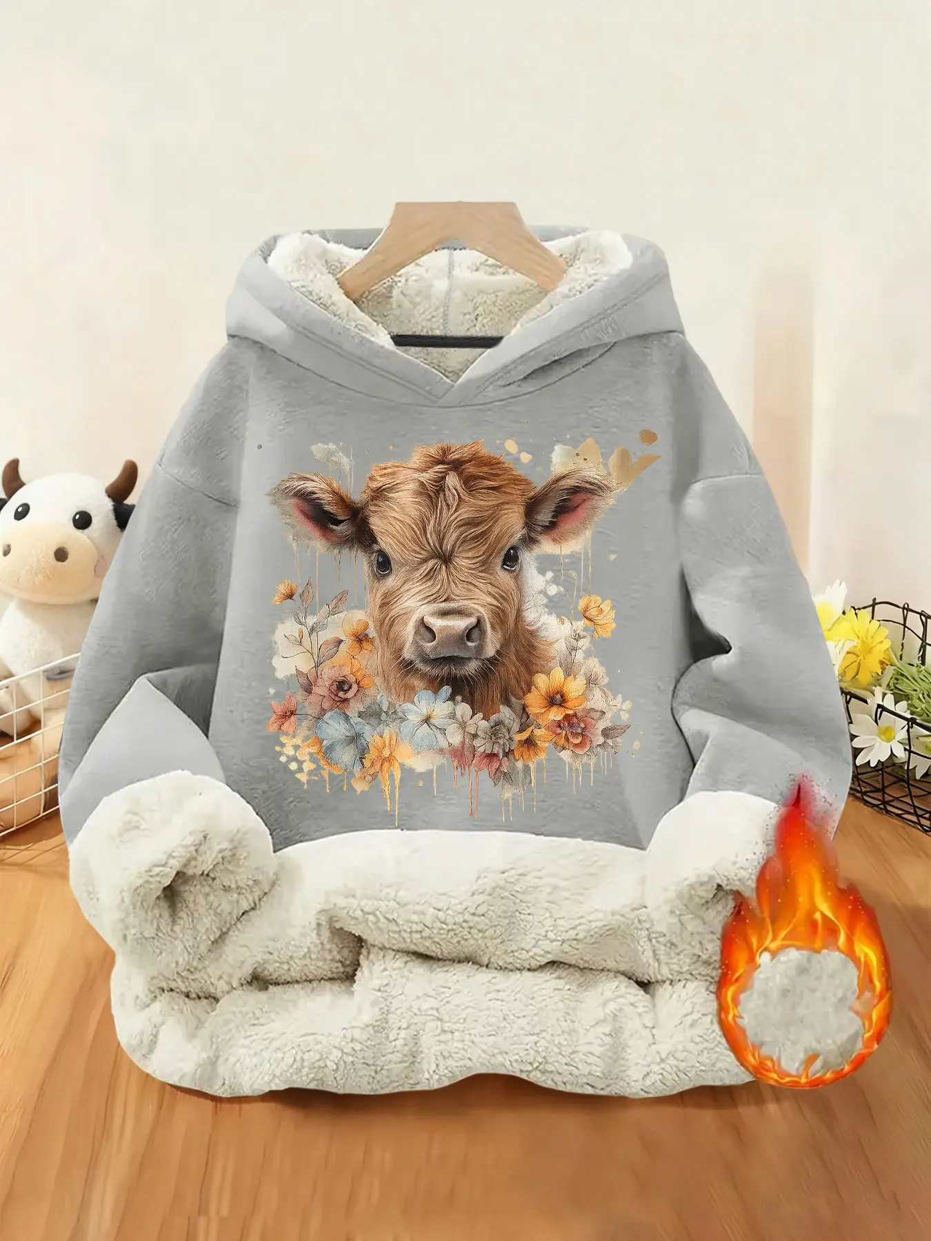 Women's Casual Loose Fit Hoodie with Floral Cow Print, Fleece Lined, Fall & Winter Fashion, Comfortable and Stylish