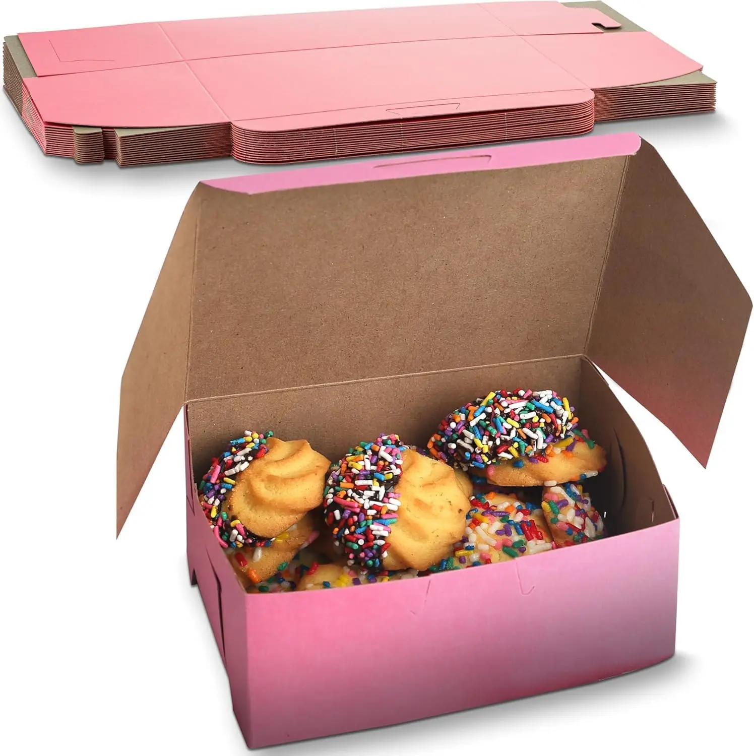 Durable MT Products Pink Recycled Paper Bakery Boxes - 8"x5.5"x4" No-Window Cookie/Candy Boxes, 250-Pack, Made in USA, Secure Flap, Personalized Sticker Compatible for Birthday Gifting, Charming Presentation, Efficient Transport Packaging