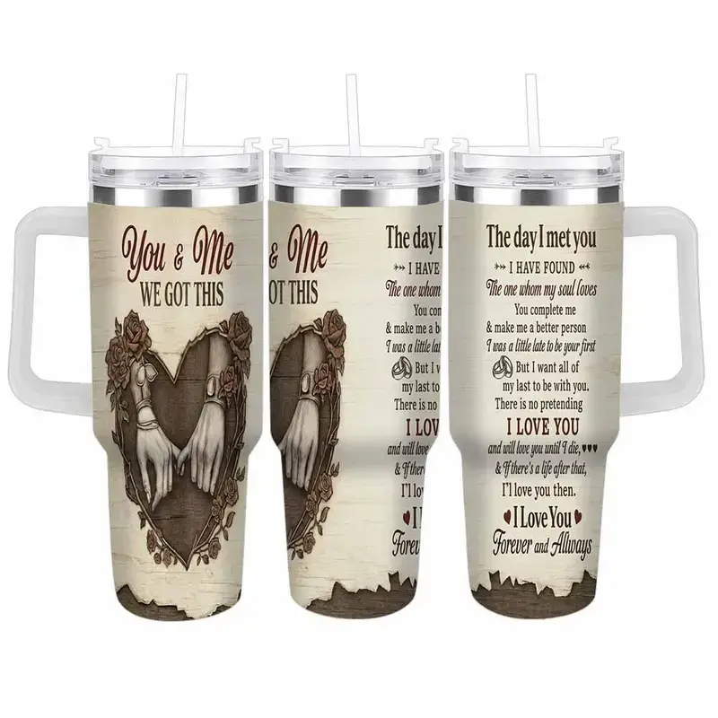 You And Me Love Quote, Stainless Steel Insulated Tumbler Flask - 40oz, Romantic Holding Hands Rose Heart Design, Portable Stylish, Durable Leakproof, Lid & Straw, Anniversary Wedding Gift For Home Office, Flasks, Drink