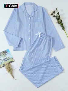 Women's Sleepwear Loungewear Set, Sweet Casual Fitted Home Clothes, Long Sleeve Woven Nightshirt with Bow Pants, Pocket Design, Elegant Striped Pajamas