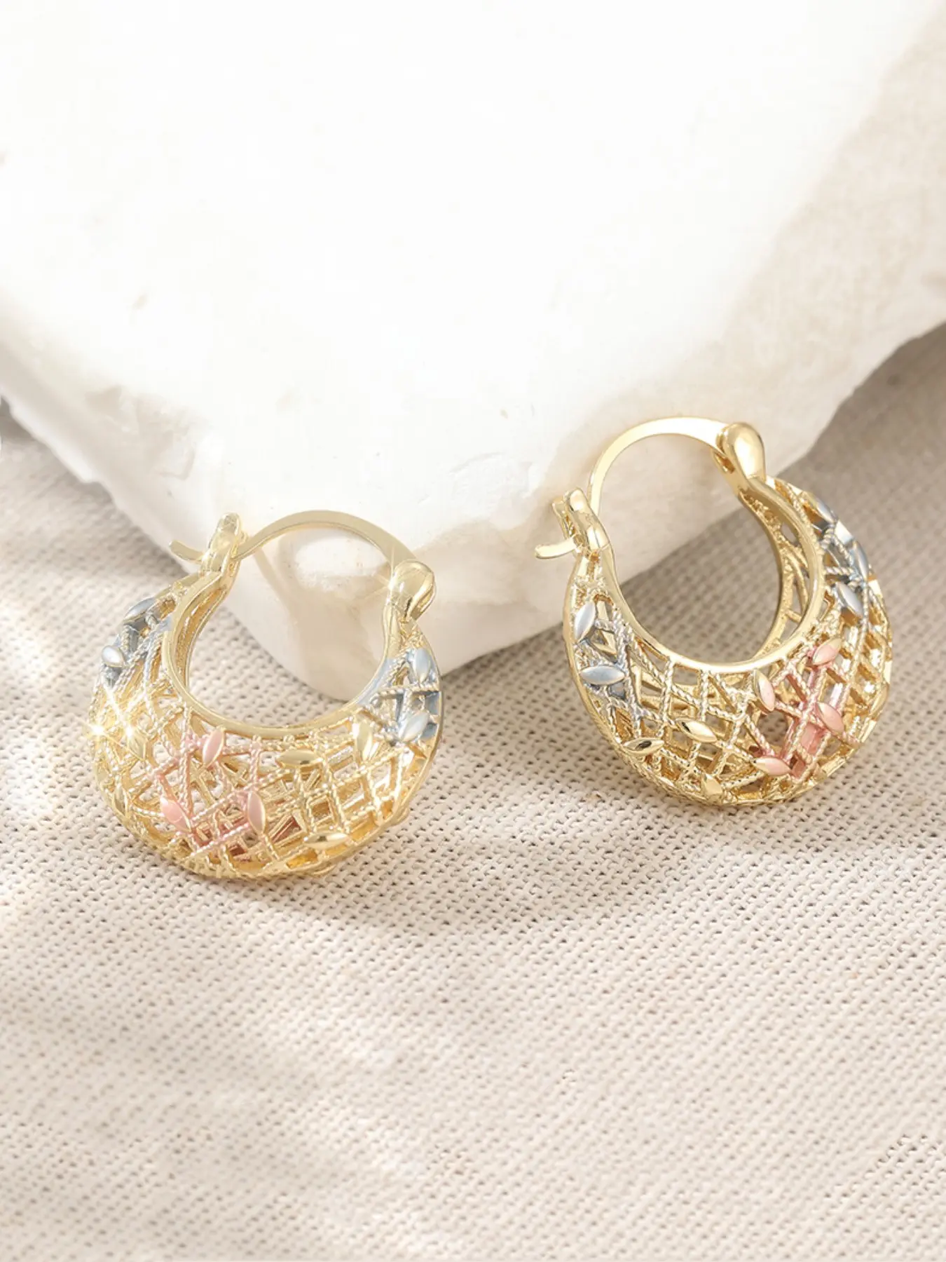 Bohemian Style Vintage Three-Color Hollow Half-Moon Pendant Hoop Earrings, Handmade Copper Jewelry for Women, Perfect Gift for Friends, Crescent Shape Earrings