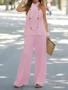 Women's Plain Halter Neck Sleeveless Top and Wide Leg Pants Set, Spring Summer Comfort Casual Fashion, Two-Piece Set, Outfit