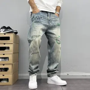 American Retro Street Personalized Printed Straight Jeans Men's Loose Washed-out Worn High Street Fashion Brand Hip Hop Trousers  Pants Streetwear Blue Menswear Denim Pocket