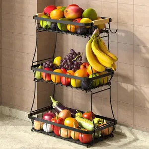3 Tier Fruit Basket for Kitchen Counter with 2 Mobile Banana Hangers, 2026 Pro Detachable Metal Fruit Bowl with Wooden Handle, Fruit Holder for Bread Snack Veggies with Protective Mats