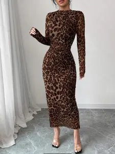 Women's Elegant Leopard Print Fashion Chic Sexy Long Sleeve Waist Cinched Mesh Ruched Tight Fit Mid-Length Pencil Dress Elegance Womenswear