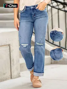 Women's Stretchy Button-Front Ripped Denim Jeans with Rolled-Up Cuffs, Trendy and Fashionable for All Seasons