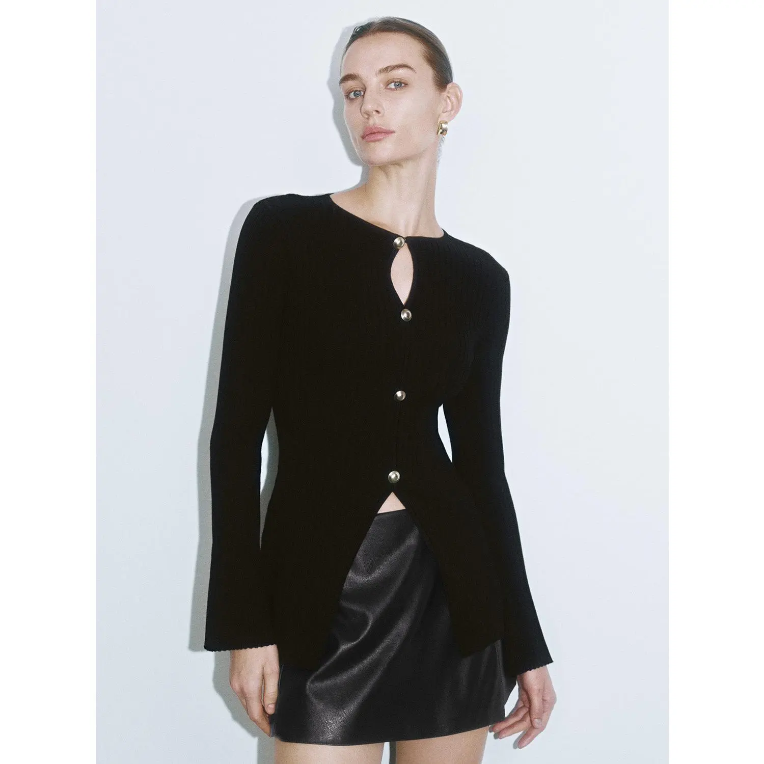 Women's Elegant Korean Knitwear Asymmetrical Cutout Long Sleeve Button-Front Fitted Viscose Blend Blouse - Lady's Going Out Top (XXL Available), Long Sleeves, Cutout Detail, Hollow, Chic, Office Ootd