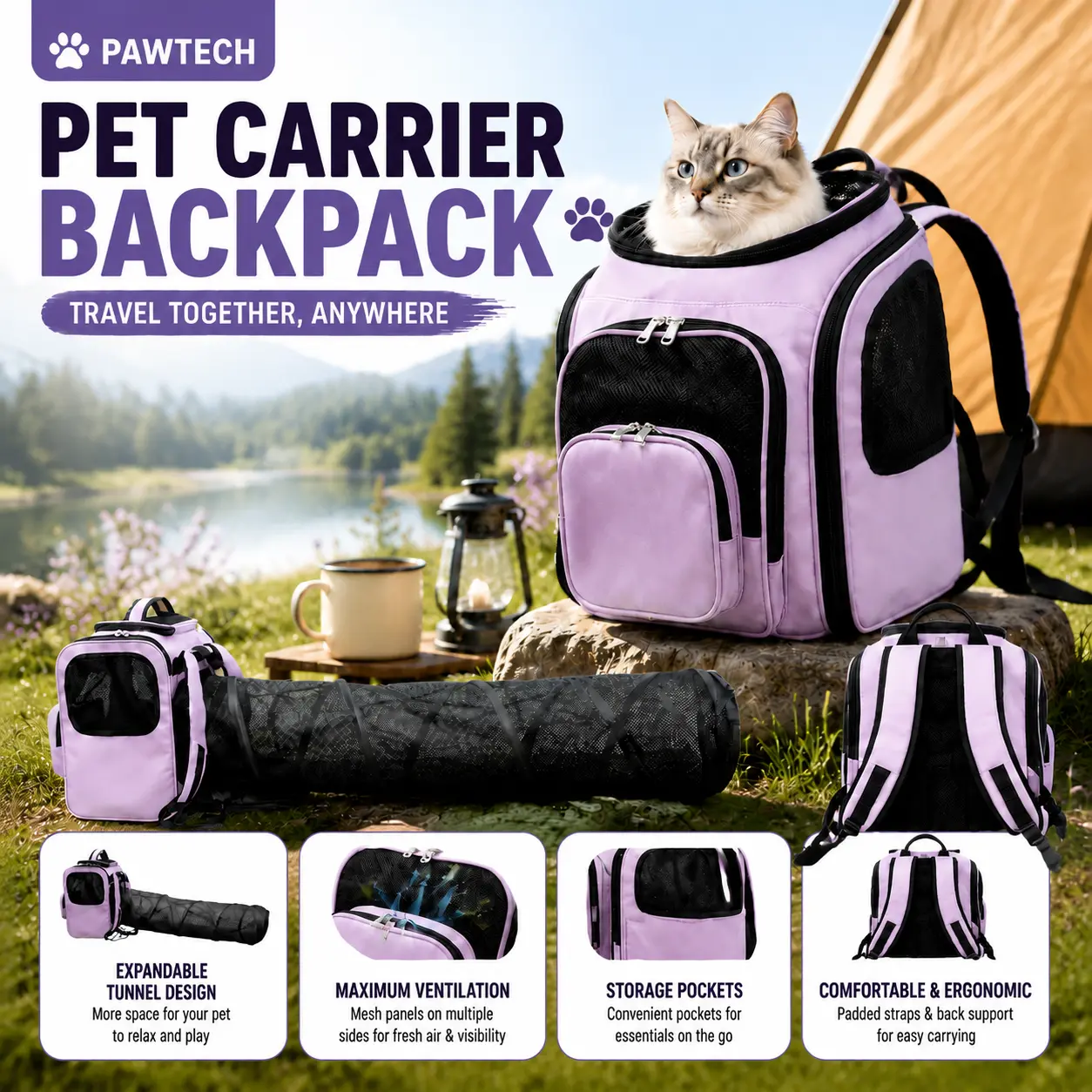 [AdventureTogether Travel Better]Pawtech Pet BackCarrier for Dogs & Cats Expandable Tunnel Design, Maximum Ventilation, Storage Pockets, Ergonomic Comfort Fit for Pet Travel Adventure Together, Travel Better The Ultimate Pet Backpack for Outdoor Lovers