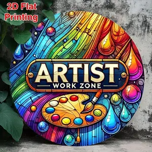 2D Flat Round Aluminum Sign, Artist Work Zone Design Hanging Decor, Perfect Wall Art for Bar, Kitchen, Coffee Theme Decor at Home Or Office
