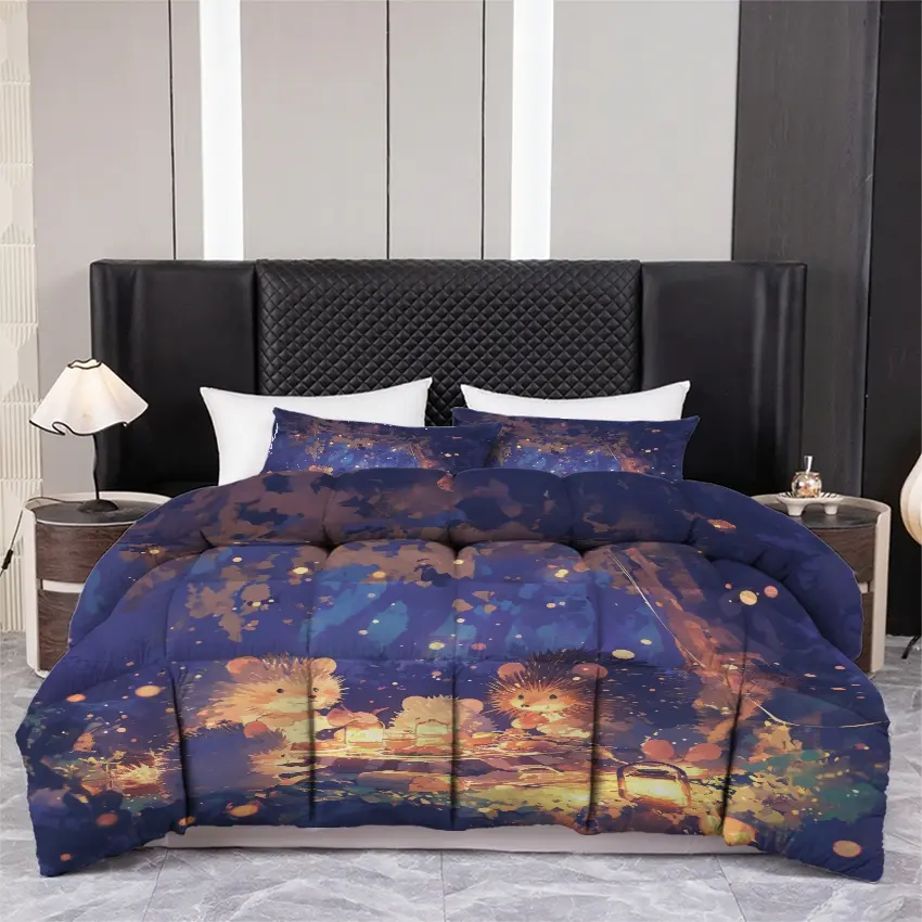 3pcs Printed quilt three-piece set (1 quilt+2 pillowcases) - Magical Hedgehog Forest Picnic Bedding, Whimsical Night Scenery Comforter, Charming Woodland Aesthetic, Soft Cozy Polyester Bedspread, All Season Bedroom Decor