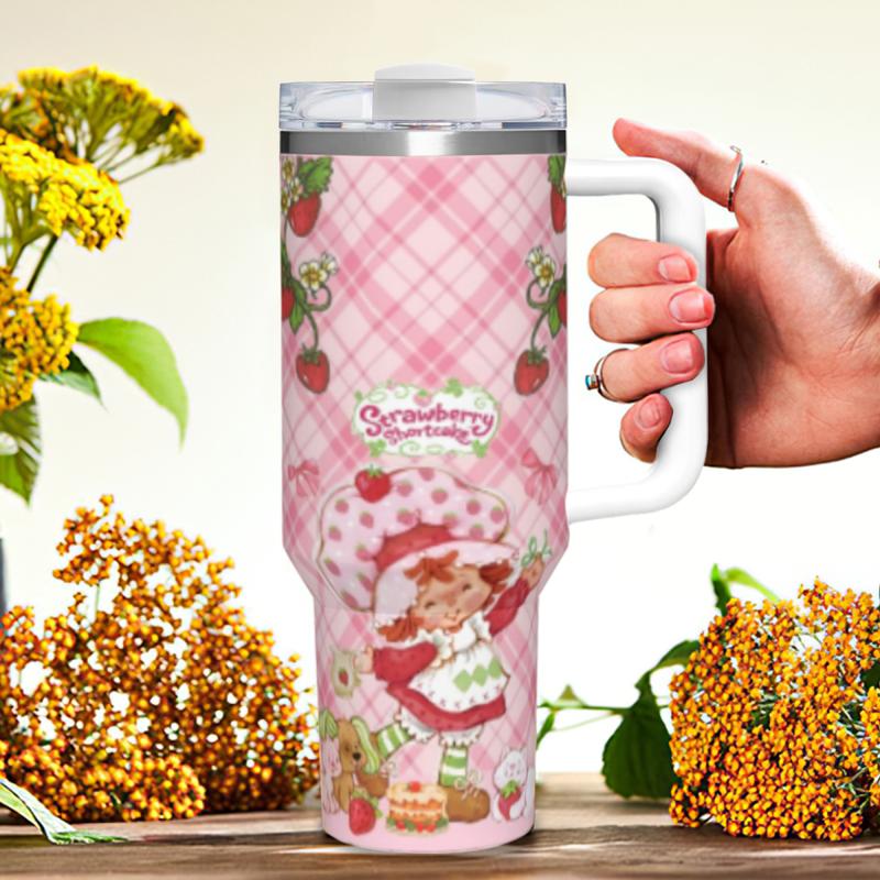 13+ Versatile Styles Strawberry Shortcake 40oz Insulated Stainless Steel Mug with Straw Handle, Leak-Proof Lid Portable Drinkware for Commuting Picnics Office, Ideal for Coffee Smoothies, Perfect Gift for Dessert Lovers