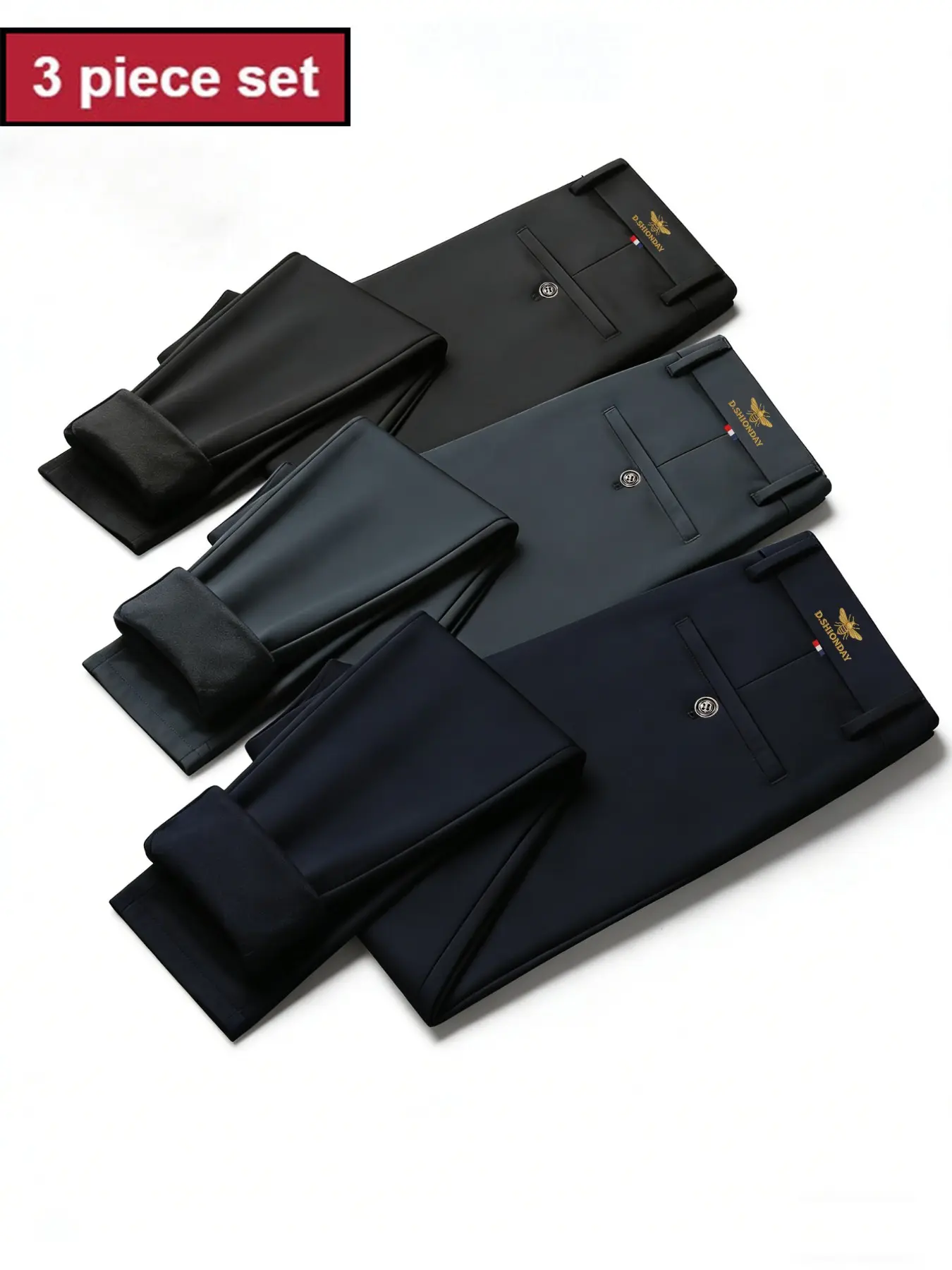 3-Pack Men's Stretch Golf Pants, All-Season Outdoor Casual Trousers, Wrinkle-Resistant Polyester Spandex Fabric, Elastic Waist Bottoms, All Seasons Trousers