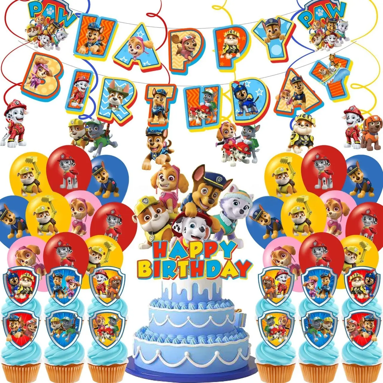 PAW Patrol "Great Success" Unisex Cartoon Party Decoration Supplies - Multiple Items Birthday Setup Set, Rubber Flag Balloons, Banner, Cake Decorations, Photobooth Props, Birthday Gift Box for Kids, Child