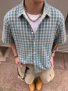 Men's Vintage Plaid Short Sleeve Shirt, Casual Fitted Top, All Seasons, Plain Pattern, Street Style, Streetwear, Versatile Fashion