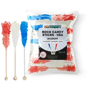 USA Rock Candy Sticks – Red, White & Blue Sugar Flavor, 24 Pack Bulk Individually Wrapped Edible Crystal Sticks for 4th of July, Parties & Patriotic Celebrations – By Dr. Variety