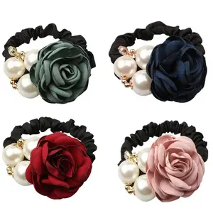 Pearl Hair Ties 4Pcs Korean Style Hair Scrunchies with Rose Flower Rhinestone Decor, Elastic Soft Hair Bands Jewelry Accessories for Women Girls, Cute Fashion Hair Ties for Daily Wear, Party & Casual Styling summerwins