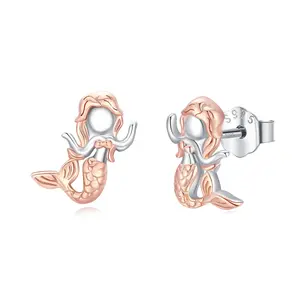 Rose Gold Little Mermaid Stud Earrings for Girls in 925 Sterling Silver