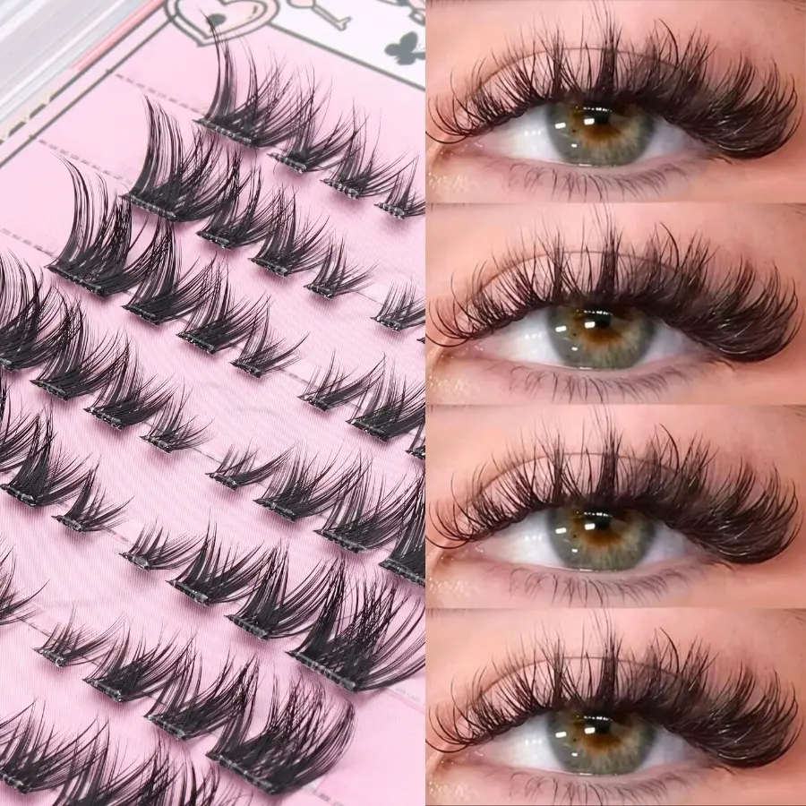 DIY Eyelash Extensions Kit, 64 pcs Cluster Lashes No Glue Needed, Mixed Tray Long Volume Individual Lashes, C Curl Fake Eyelashes Set, Fluffy Voluminous False Eyelashes, Synthetic Lashes