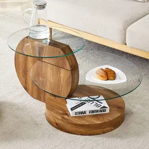 35 Inch Double Layer Coffee Table Round - Tempered Glass Tabletop, Brown Coffee Tables With Imitation Wood Grain Legs, Modern Practical Art Decor Design Table For Living Room & Bedroom, For Small Space Home Office, Cafe, Office, Set For Christmas P